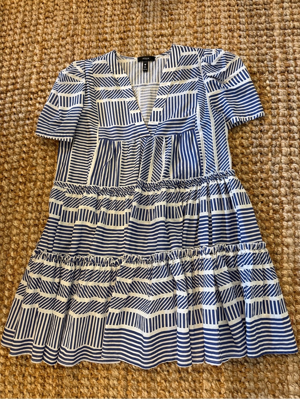 Aqua Navy and White Striped Tiered V-Neck Dress